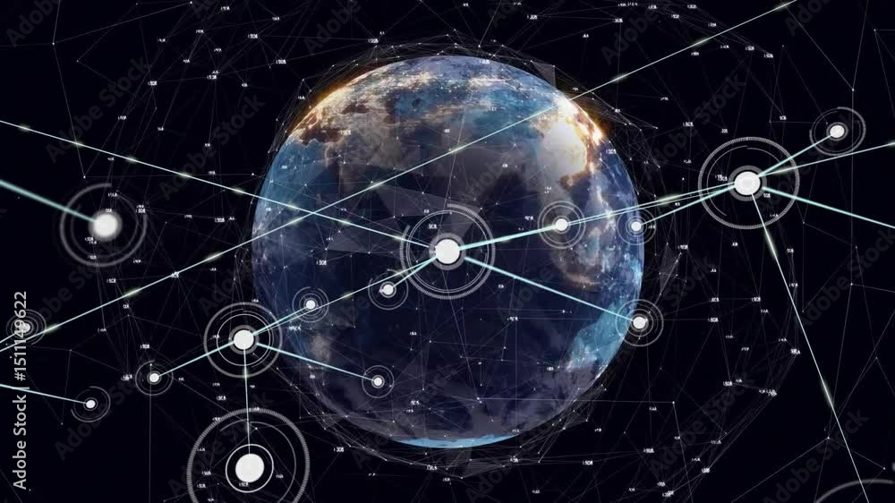 Poster upon mesh activation stylized earth globe projecting nodes while visualizing global data grid