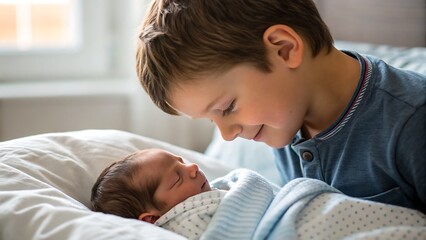 Older brother looking at newborn baby sleeping in a white bedsheet