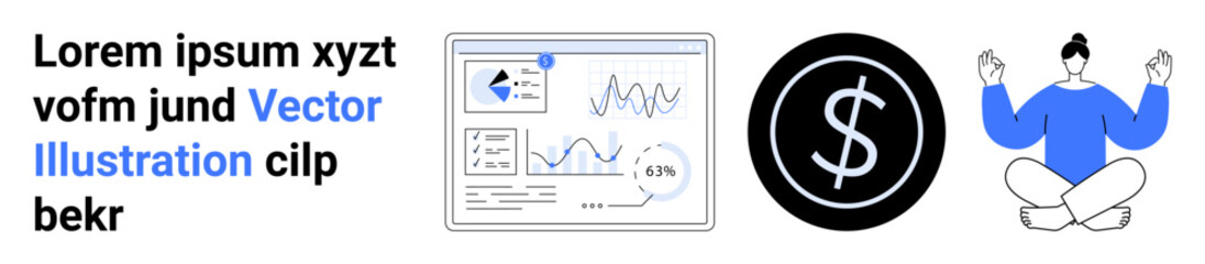 Financial dashboard with data charts, black circular dollar sign, and meditating character. Ideal for finance, productivity, work-life balance, mindfulness, analytics, business strategy and a simple