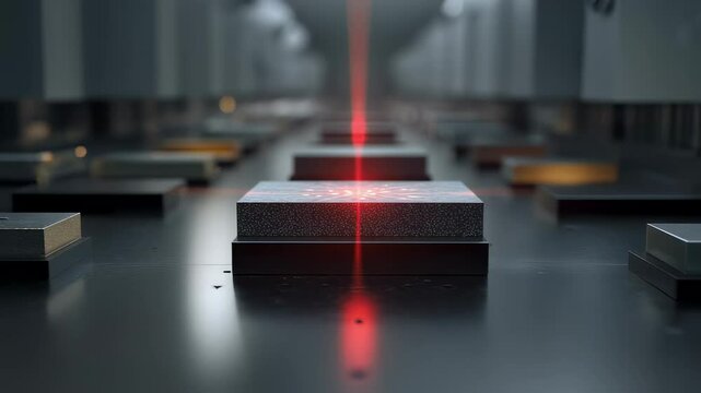 Powerful red laser precisely engraves surface of carbon precursor material, placed on platform within advanced industrial facility, suggesting high tech manufacturing process
