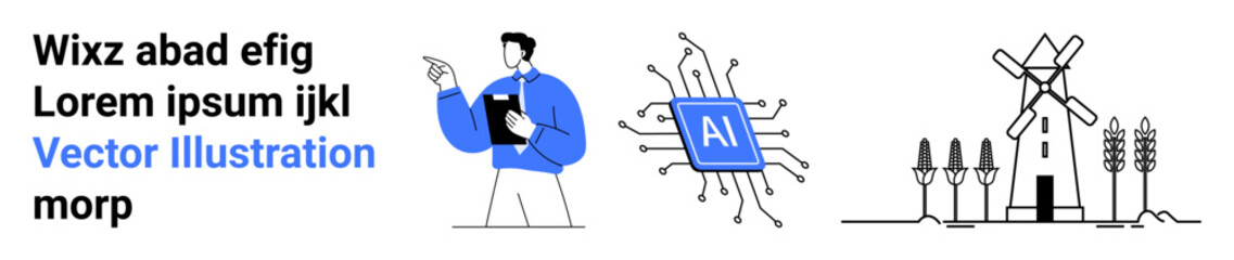Man holding tablet, AI chip representing digital innovation, and windmill with crops reflecting sustainability. Ideal for tech, AI, renewable energy, innovation, future concepts, eco-tech simple