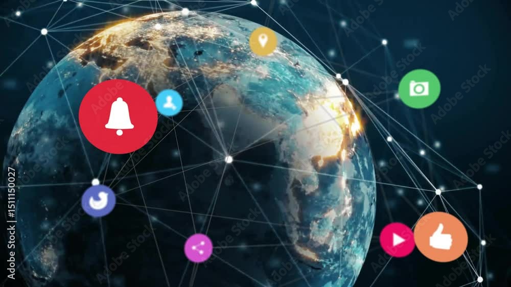 Poster initiating rotation of 3d earth in space, mapping network nodes, icons emerging orbiting and fading