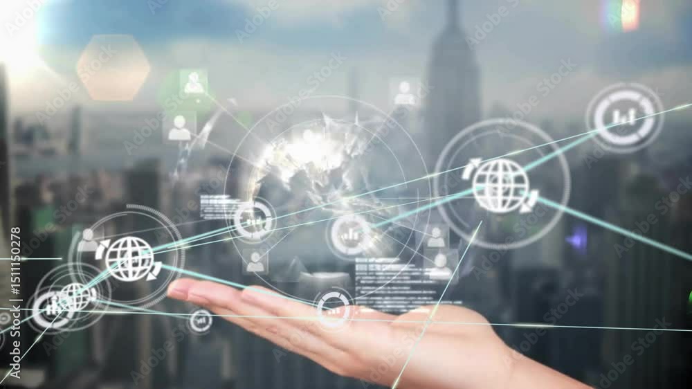 Poster hand gliding initiating rotating hologram linking data nodes and icons over sunrise skyline