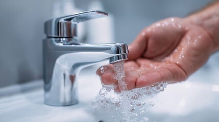 Ð¡lose-up of a man in a modern bathroom gently placing his hand under running water from a chrome faucet.