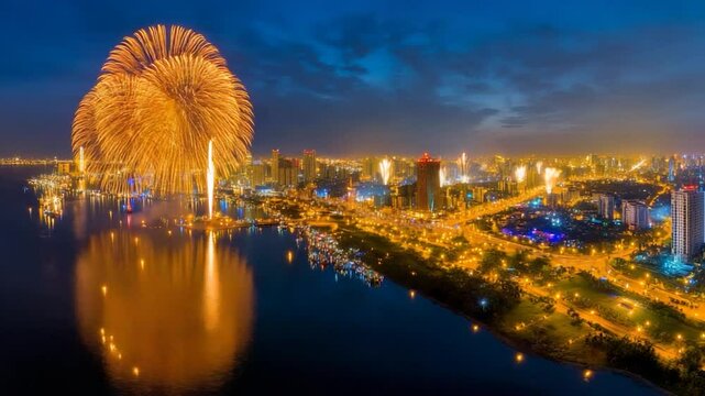 Spectacular Nighttime Fireworks Over Coastal City
