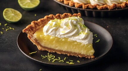 Key lime pie slice with whipped cream and lime zest plated on dark background to highlight citrus tones American dessert from Florida overlay cut out on isolated transparent removed background