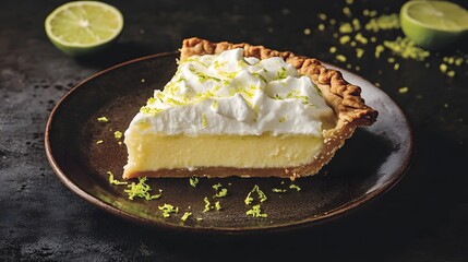 Key lime pie slice with whipped cream and lime zest plated on dark background to highlight citrus tones American dessert from Florida overlay cut out on isolated transparent removed background