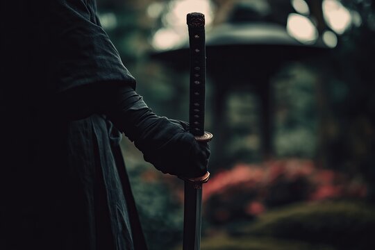 A close-up of a ninja gripping a kunai, partially obscured by shadows, with a blurred traditional Japanese garden behind.Dark assassin.Ninja background.Shadow warrior.