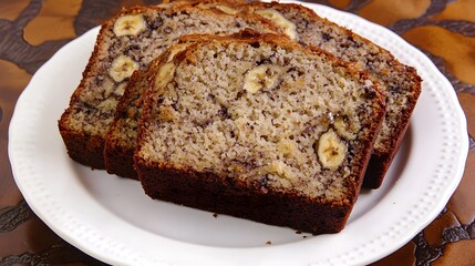 Moist banana bread slices served on white plate classic American baked treat in top down view overlay cut out on isolated transparent removed background