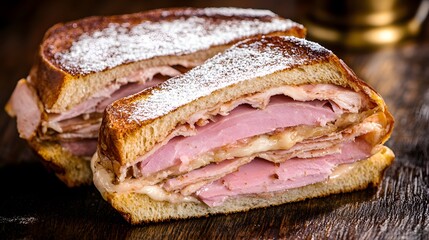 Monte Cristo sandwich with ham turkey and powdered sugar sliced on diagonal and placed on dark wood backdrop American diner specialty overlay cut out on isolated transparent removed background