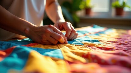 Obraz premium Crafting a colorful handmade quilt in sunlit room.