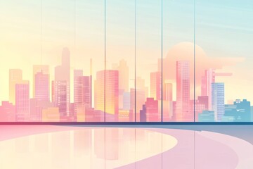 Obraz premium Relaxing vibes.Cozy scene.Lofi background.Chill beats.A modern vector-style lo-fi background with simple shapes, pastel hues, and abstract window reflections of a city skyline