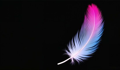 Obraz premium A vibrant, neon-colored feather with a gradient from pink to blue set against a black background.