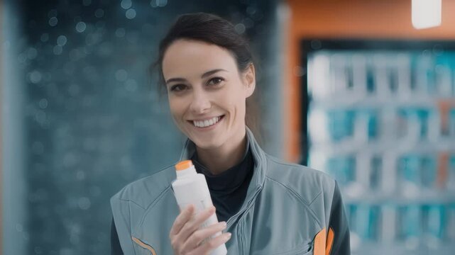 Smiling female worker holding refillable formic acid cartridge near automatic dispensing machine, embodying sustainable industrial practices and environmental responsibility