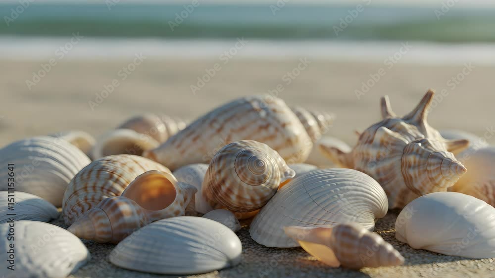 Poster assorted seashells on a beach with soft ocean background and tranquil lighting