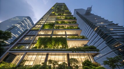 Modern Green Skyscraper with Vertical Gardens and Energy Efficient Design at Dusk