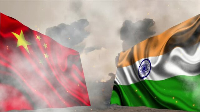4k conflict or war between China, and India 3d flag waving in the loop and animation on Burning Red Hot Sparks, Fire Glowing Particles on Smoky Red Background, Disaster, nuclear war in two countries