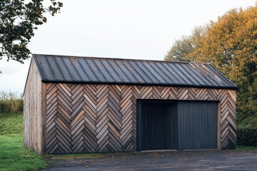 Obraz premium This stunning contemporary wooden barn showcases a beautiful herringbone pattern and is nestled in a picturesque rural area, surrounded by vibrant autumn foliage