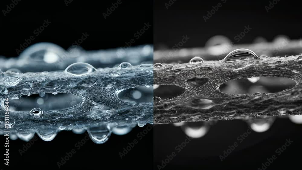 Poster transparent droplets of a niobium tin solution merge on a dark textured substrate, illustrating thei