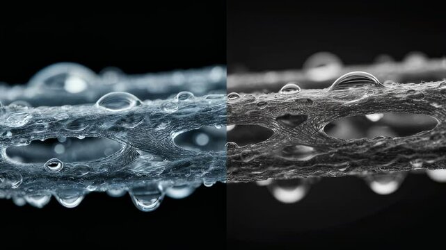 Transparent droplets of a niobium tin solution merge on a dark textured substrate, illustrating their hydrodynamic behavior under centrifugal forces during a spin coating process