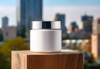 White Cosmetic Jar Mockup on Wooden Block with City Background