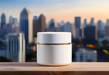 White Cosmetic Jar Mockup on Wooden Block with City Background