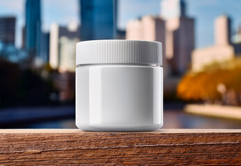 White Cosmetic Jar Mockup on Wooden Block with City Background