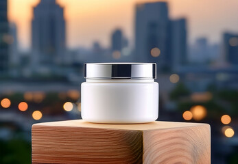 White Cosmetic Jar Mockup on Wooden Block with City Background