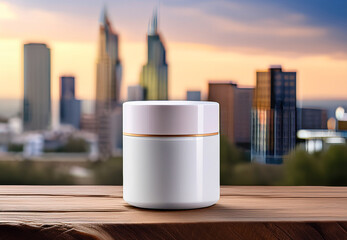 White Cosmetic Jar Mockup on Wooden Block with City Background