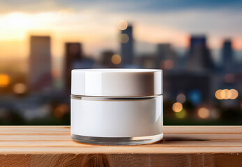 White Cosmetic Jar Mockup on Wooden Block with City Background