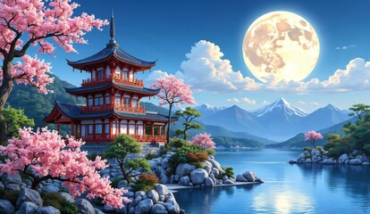 Obraz premium Traditional Japanese Pagoda Amidst Cherry Blossoms and a Serene Lake Under a Full Moon
