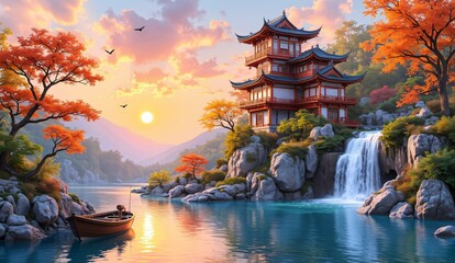 Obraz premium Traditional Asian Pagoda by a Serene Lake at Sunset