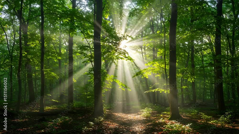 Poster sunlight streaming through dense green forest tall trees creates a glowing effect illuminating fores
