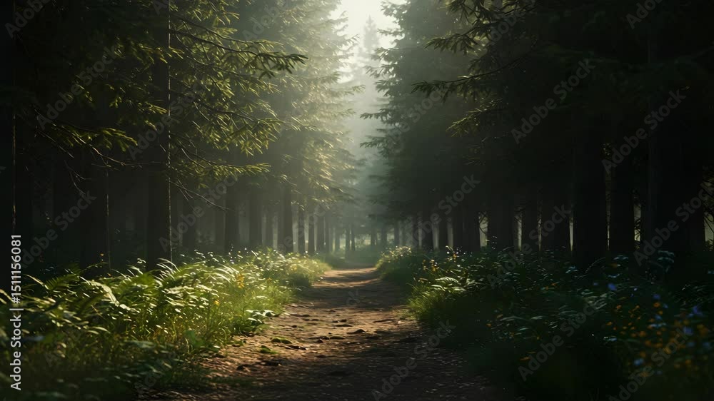 Poster sunlit path through green forest with tall trees and lush foliage creating serene atmosphere