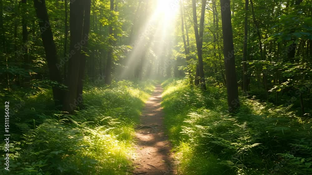 Poster sunlit forest path through green trees with light rays and foliage natural background