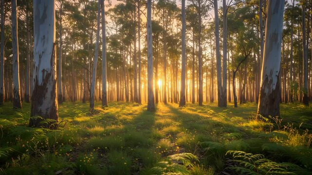 Sunlit Forest Landscape with Tall Trees and Green Grass Casting Long Shadows in the Natural Setting