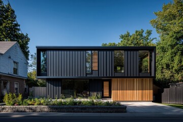 Obraz premium Modern architectural design showcases a striking black and wood house with large windows, surrounded by greenery on a sunny day in a residential neighborhood