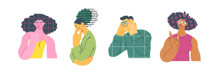 Thinking people, modern flat vector concept illustrations set- people standing thoughtfully. Metaphor for reflection, analysis, introspection, contemplation, deep thought