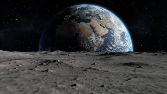 Lunar Vantage Point: An awe-inspiring view of planet Earth rising over the desolate lunar surface, highlighting the stark contrast between the two celestial bodies.