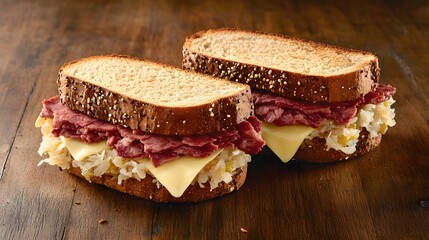 Reuben sandwich with corned beef sauerkraut Swiss cheese and rye bread flat lay style USA overlay cut out on isolated transparent removed background