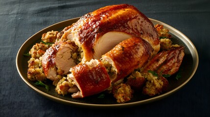 Roasted turkey with stuffing on ceramic plate with dark tablecloth background American holiday main course from the United States overlay cut out on isolated transparent removed background