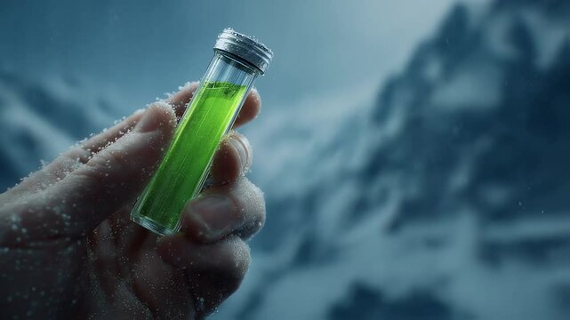 Gloved hand of scientist gripping green methanol vial against snowy mountain backdrop, highlighting research in remote winter environment