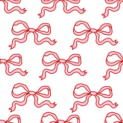 Seamless pattern with hand-drawn red bows on white background. Cute and girly coquette style, perfect for fabric, packaging, wrapping paper, digital paper, stationery and romantic design projects.