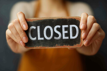 people and crisis concept owner puts closed sign at bar or restaurant glass door or window