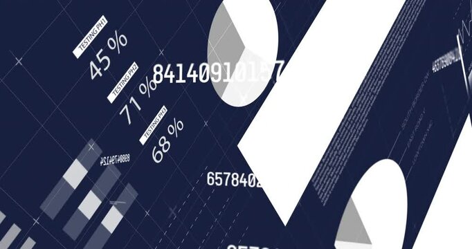 Dark-blue panel sliding in starting numbers morphing and charts shifting showing market insights