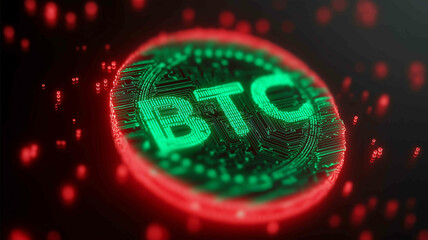 a glowing futuristic bitcoin coin with the text BTC integrated into the center design composed of green digital circuits and surrounded by floating red holo
