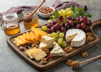 Delicious cheese board with honey grapes and nuts on a wooden tray