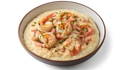 Shrimp and grits with creamy texture plated in bowl and captured top down on white background classic Southern USA food overlay cut out on isolated transparent removed background