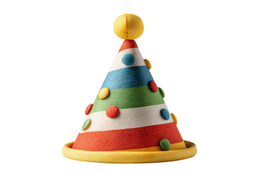 PNG Colorful fabric party hat with stripes and dots on black background