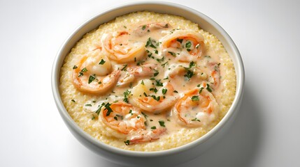Shrimp and grits with creamy texture plated in bowl and captured top down on white background classic Southern USA food overlay cut out on isolated transparent removed background
